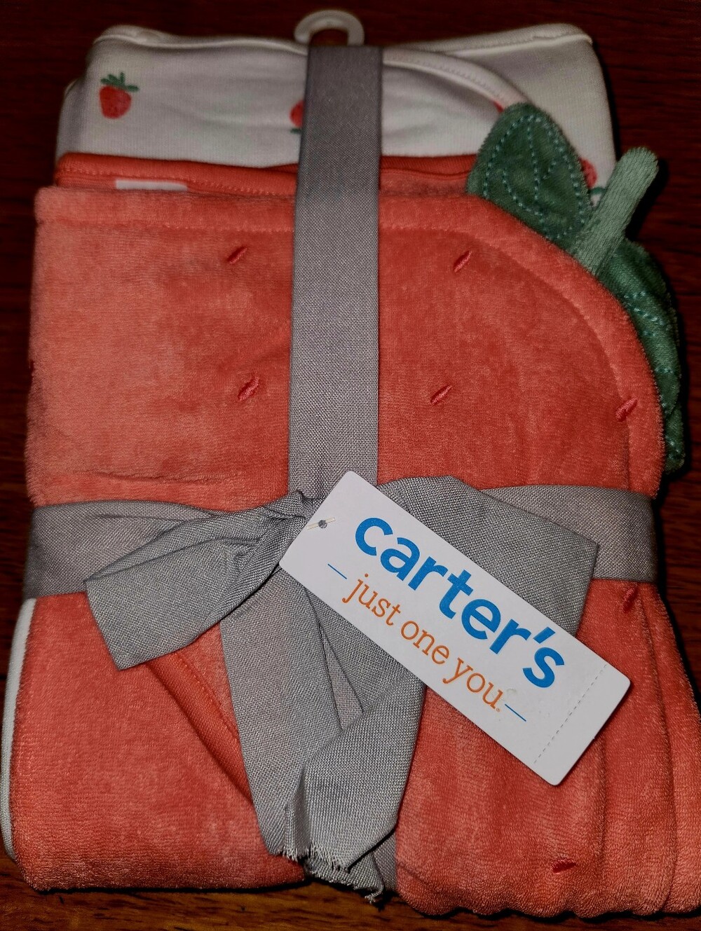 Carter's Coral Hooded Strawberry Pajama Set with Green Leaf Accent